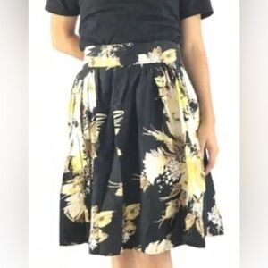 Ann Taylor LOFT Pleated Midi Skirt Black Chartreuse Floral Full A Line Spring